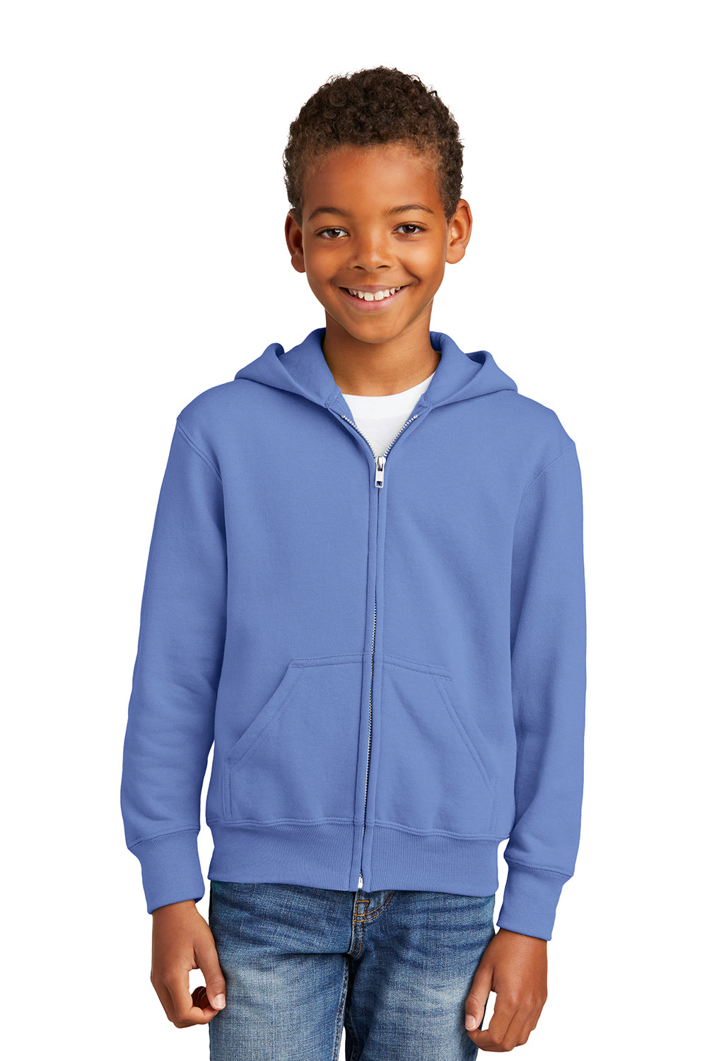 Port & Company PC90YZH Youth Core Pill Resistant Fleece Full Zip Hooded Sweatshirt Hoodie Carolina Blue Model Front