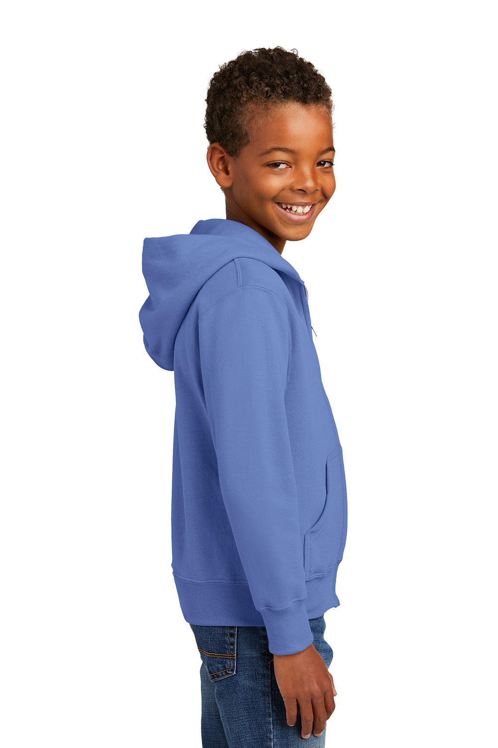 Port & Company PC90YZH Youth Core Pill Resistant Fleece Full Zip Hooded Sweatshirt Hoodie Carolina Blue Model Side