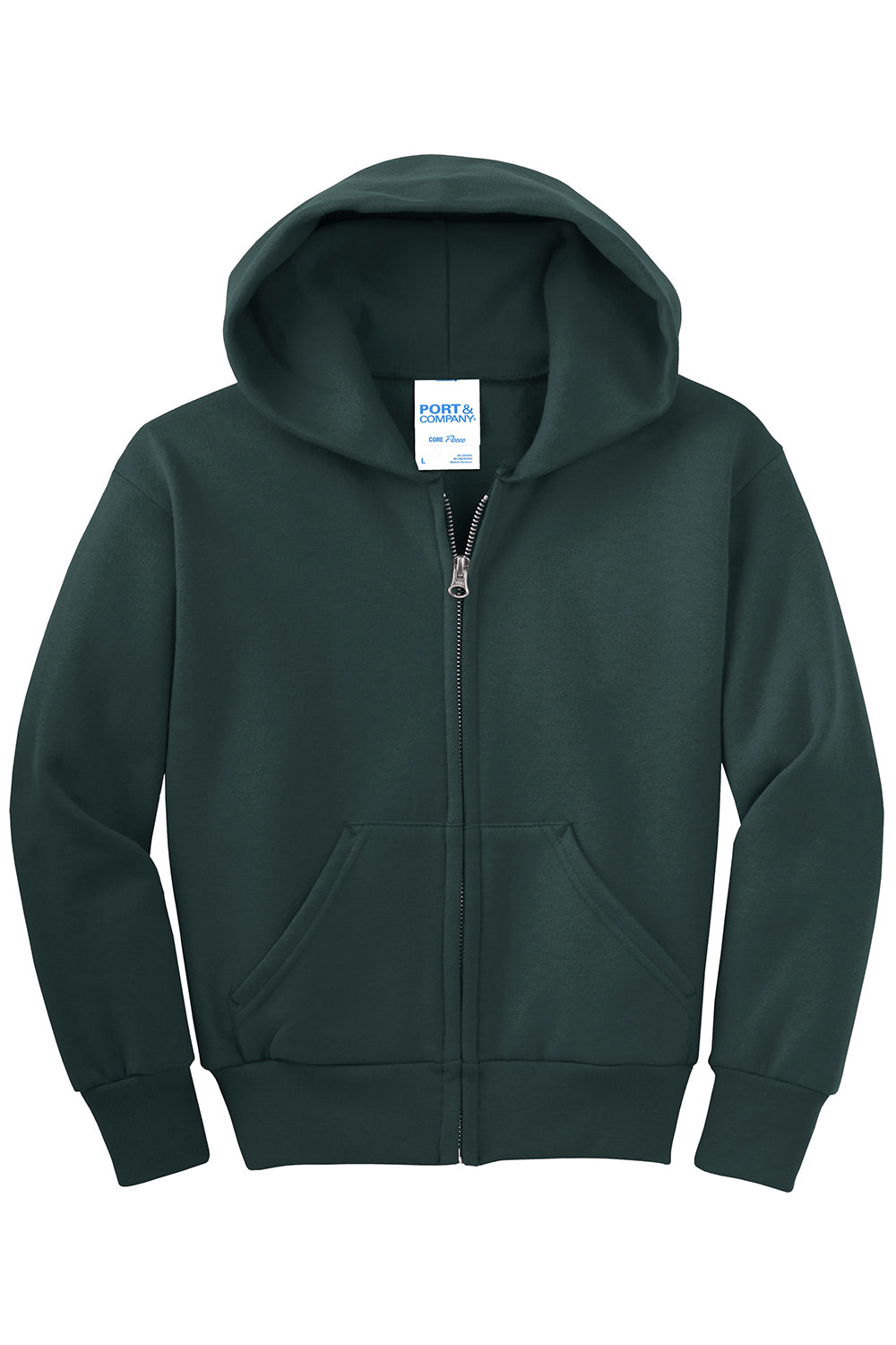 Port & Company PC90YZH Youth Core Pill Resistant Fleece Full Zip Hooded Sweatshirt Hoodie Dark Green Flat Front