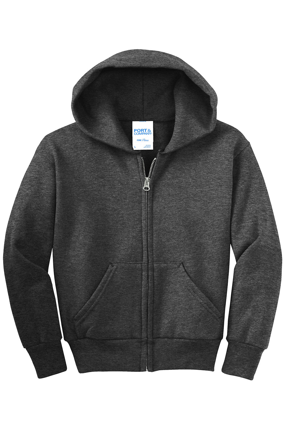 Port & Company PC90YZH Youth Core Pill Resistant Fleece Full Zip Hooded Sweatshirt Hoodie Heather Dark Grey Flat Front