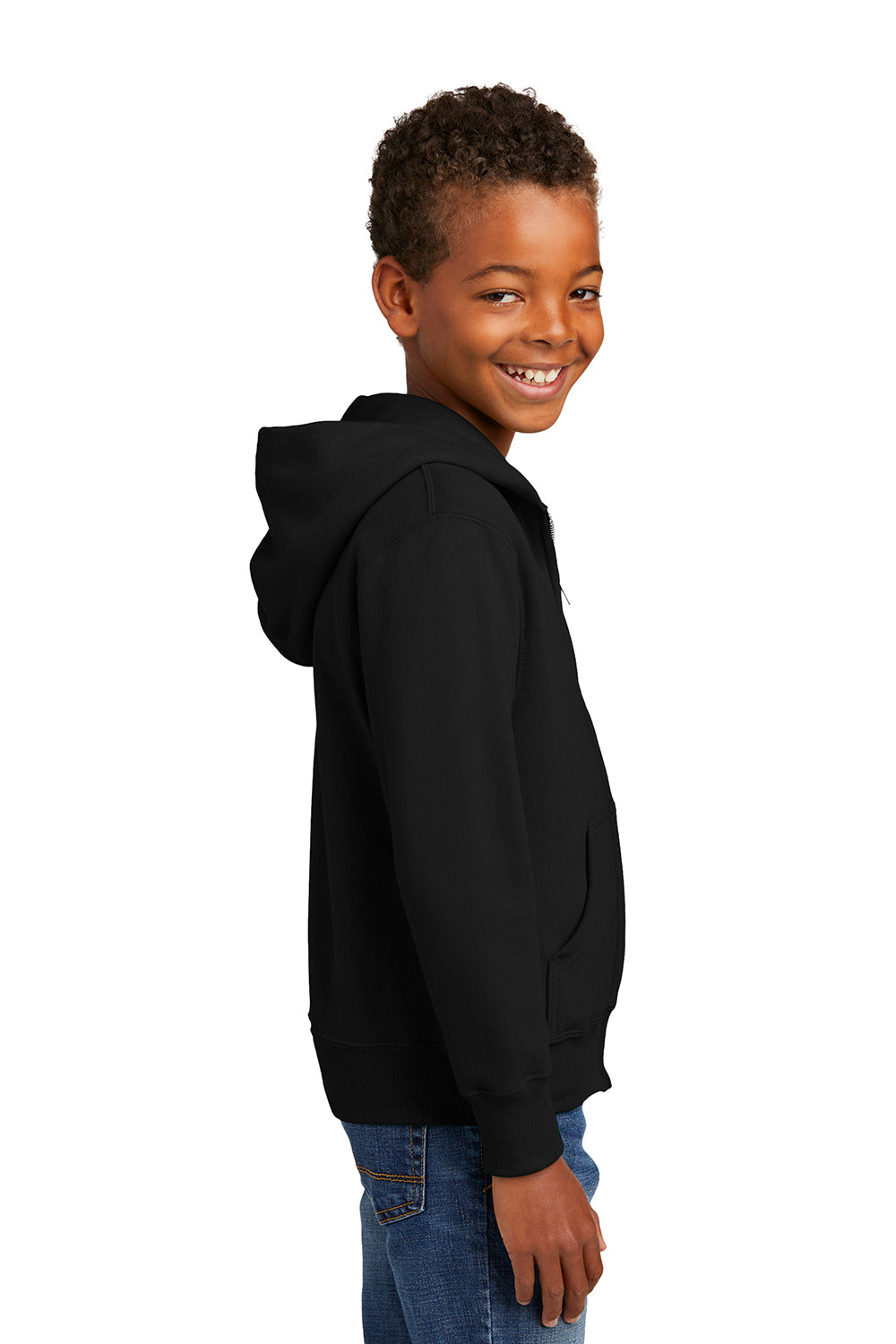 Port & Company PC90YZH Youth Core Pill Resistant Fleece Full Zip Hooded Sweatshirt Hoodie Jet Black Model Side