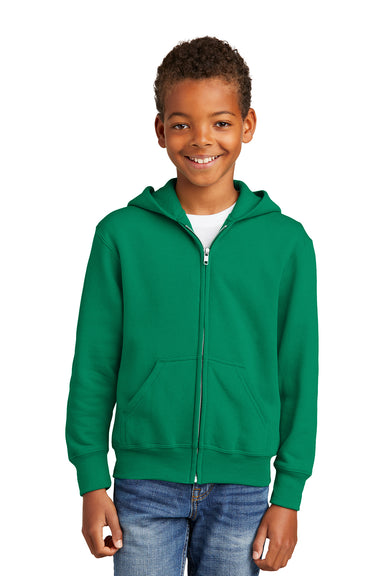 Port & Company PC90YZH Youth Core Pill Resistant Fleece Full Zip Hooded Sweatshirt Hoodie Kelly Green Model Front