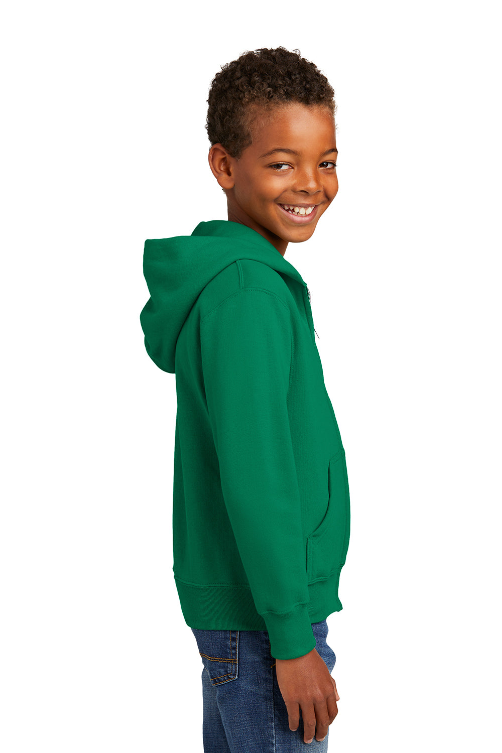 Port & Company PC90YZH Youth Core Pill Resistant Fleece Full Zip Hooded Sweatshirt Hoodie Kelly Green Model Side