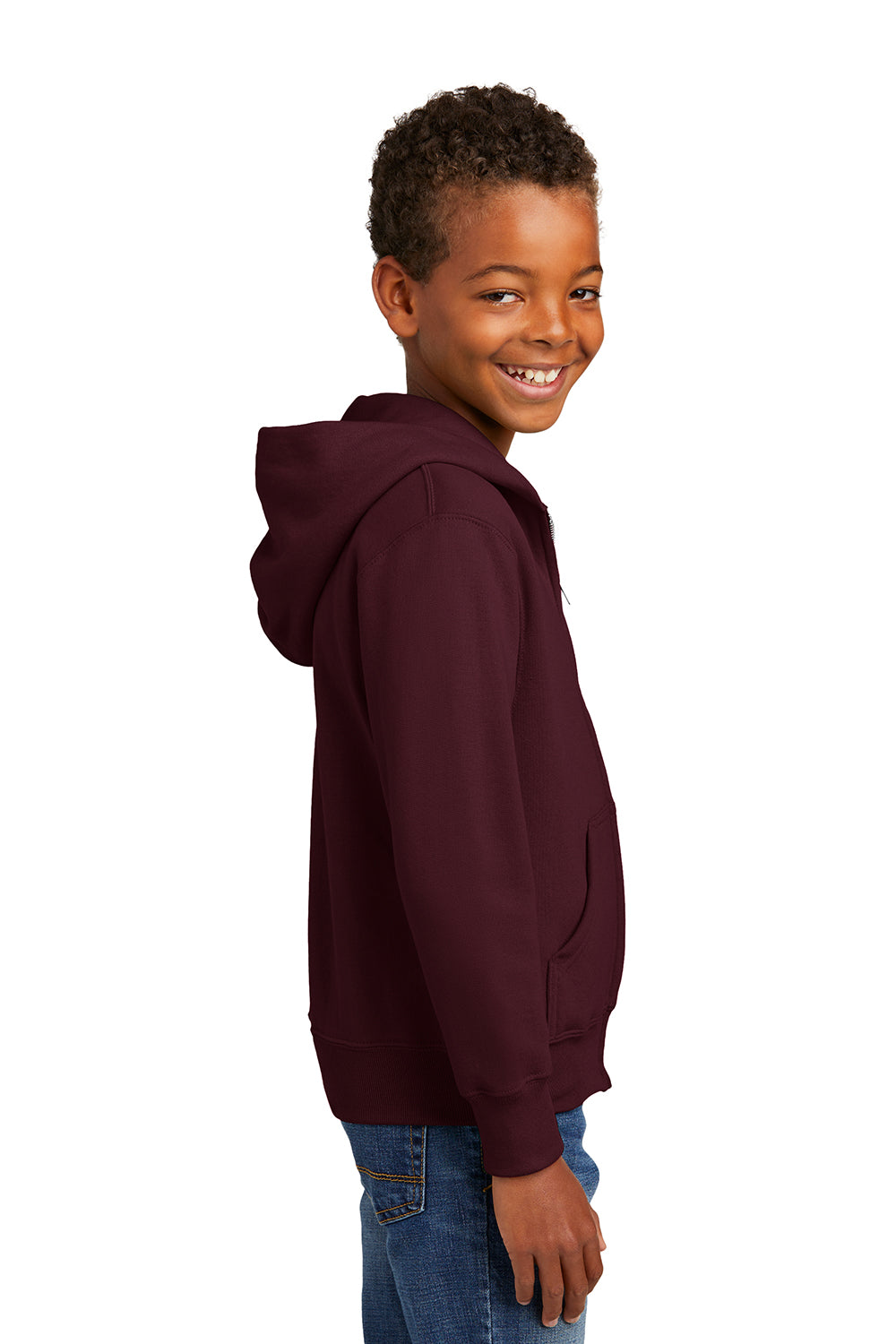 Port & Company PC90YZH Youth Core Pill Resistant Fleece Full Zip Hooded Sweatshirt Hoodie Maroon Model Side