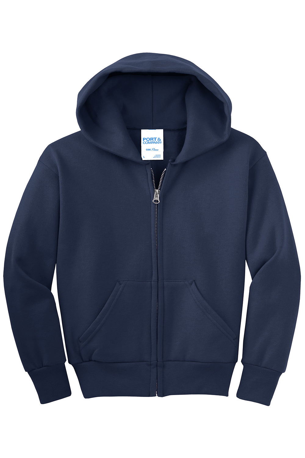 Port & Company PC90YZH Youth Core Pill Resistant Fleece Full Zip Hooded Sweatshirt Hoodie Navy Blue Flat Front