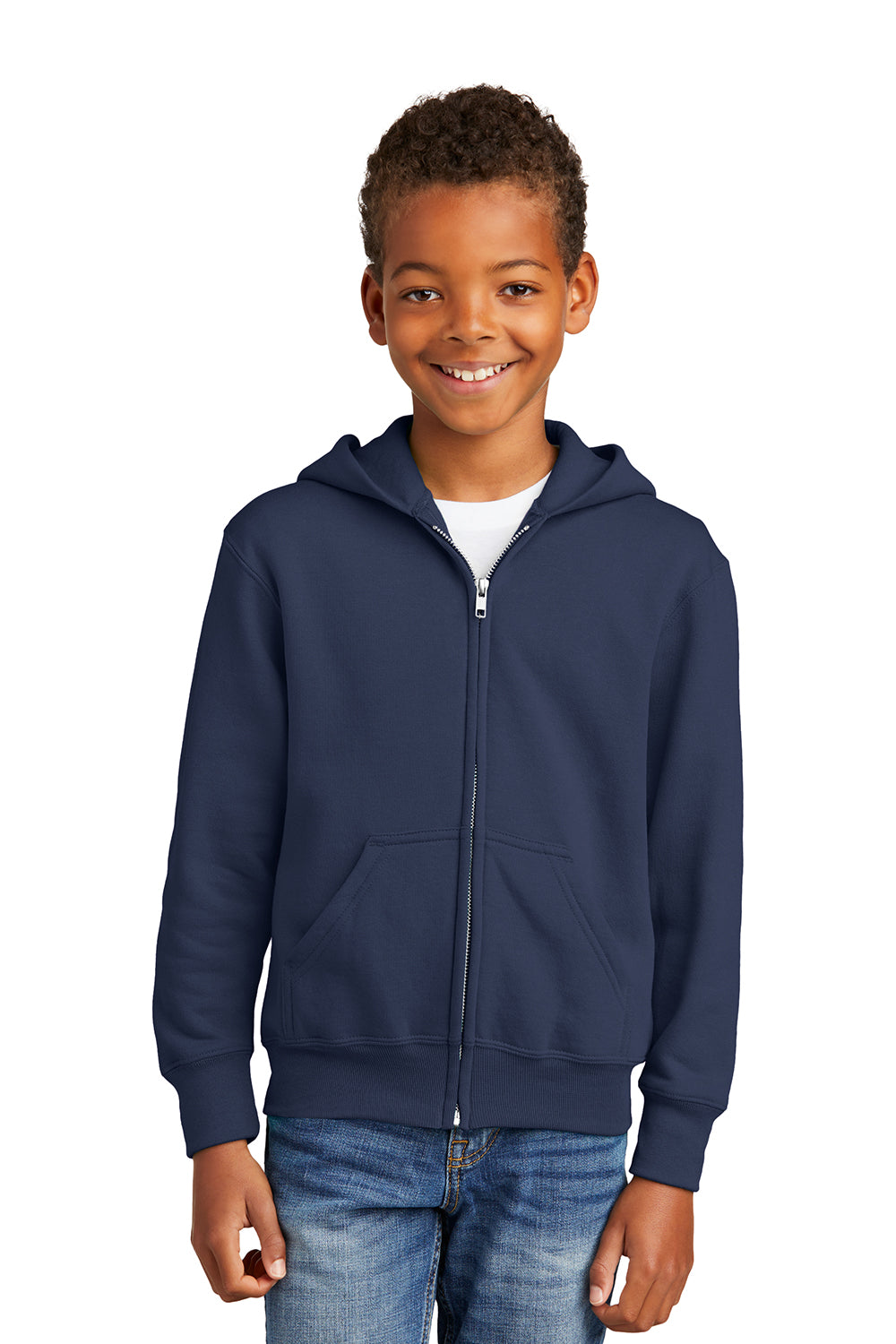 Port & Company PC90YZH Youth Core Pill Resistant Fleece Full Zip Hooded Sweatshirt Hoodie Navy Blue Model Front