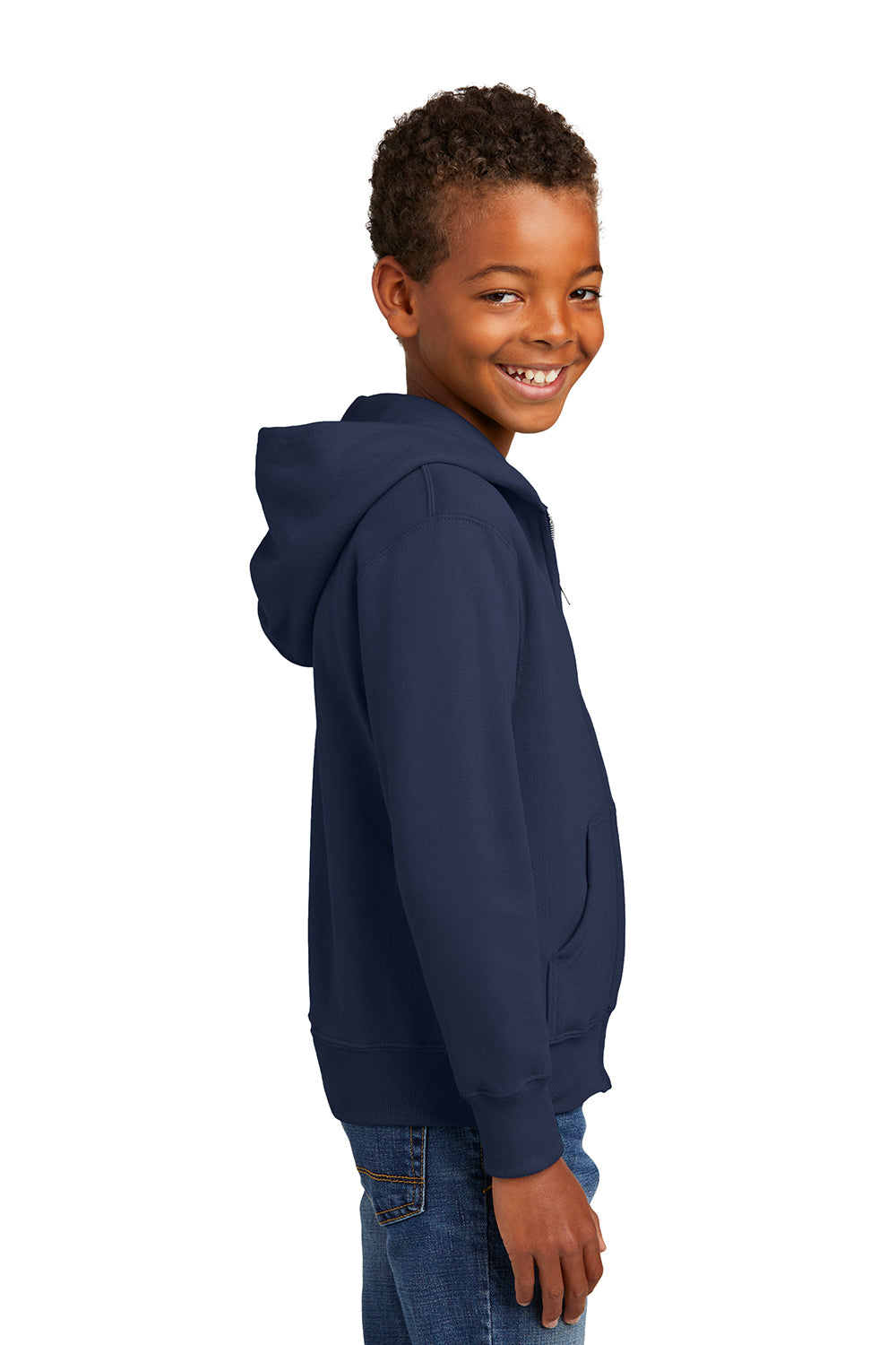 Port & Company PC90YZH Youth Core Pill Resistant Fleece Full Zip Hooded Sweatshirt Hoodie Navy Blue Model Side