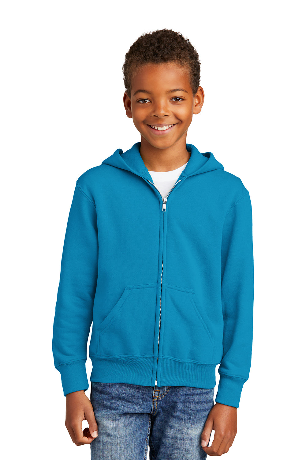 Port & Company PC90YZH Youth Core Pill Resistant Fleece Full Zip Hooded Sweatshirt Hoodie Neon Blue Model Front