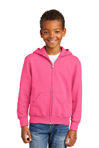 Port & Company PC90YZH Youth Core Pill Resistant Fleece Full Zip Hooded Sweatshirt Hoodie Neon Pink Model Front