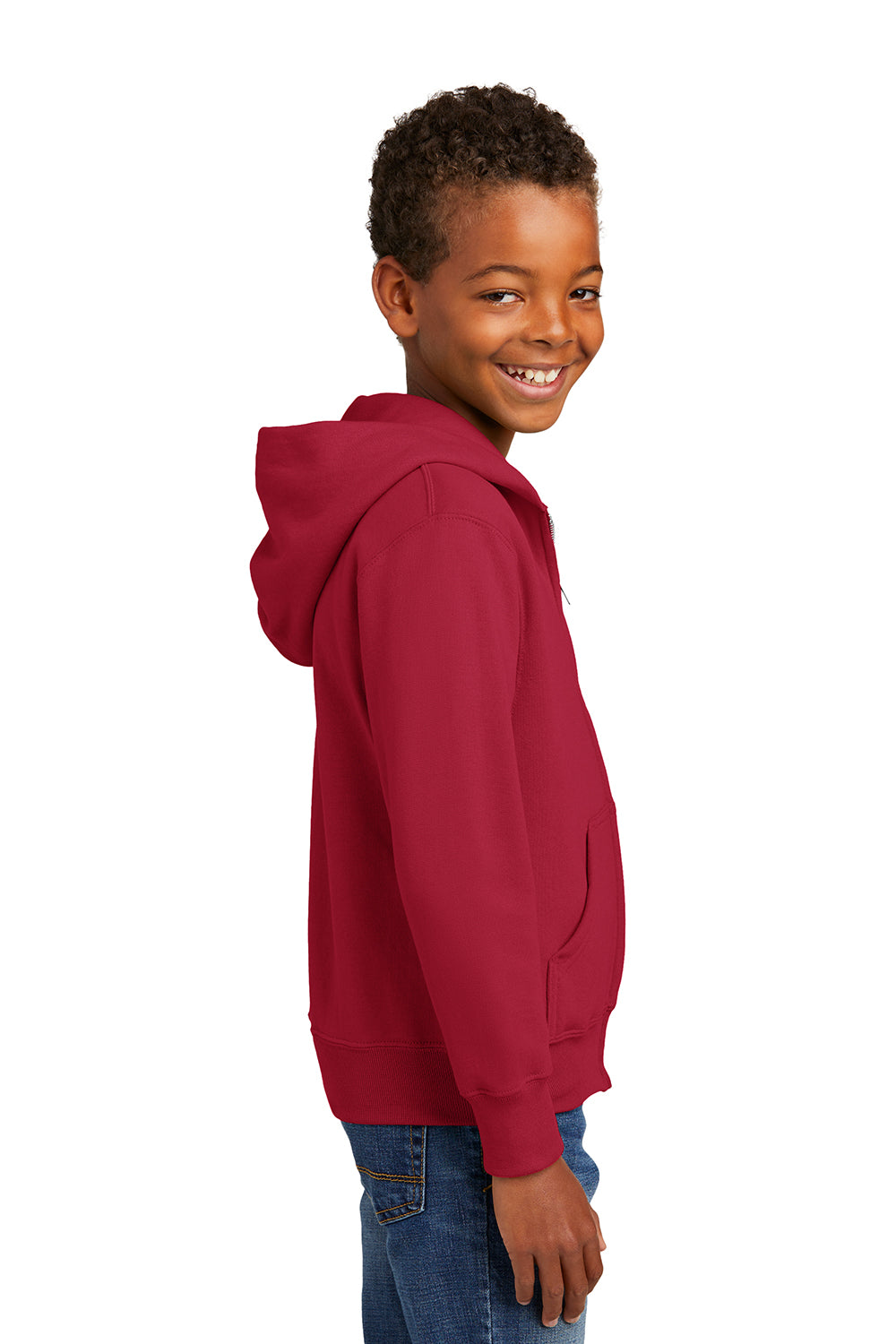 Port & Company PC90YZH Youth Core Pill Resistant Fleece Full Zip Hooded Sweatshirt Hoodie Red Model Side