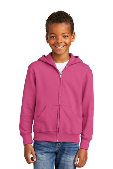 Port & Company PC90YZH Youth Core Pill Resistant Fleece Full Zip Hooded Sweatshirt Hoodie Sangria Pink Model Front