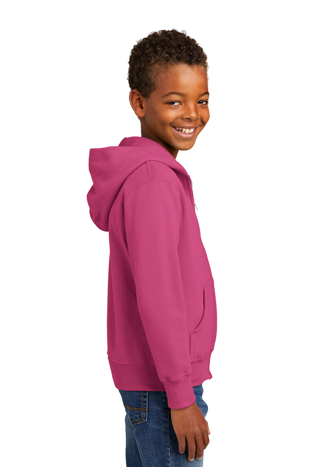 Port & Company PC90YZH Youth Core Pill Resistant Fleece Full Zip Hooded Sweatshirt Hoodie Sangria Pink Model Side