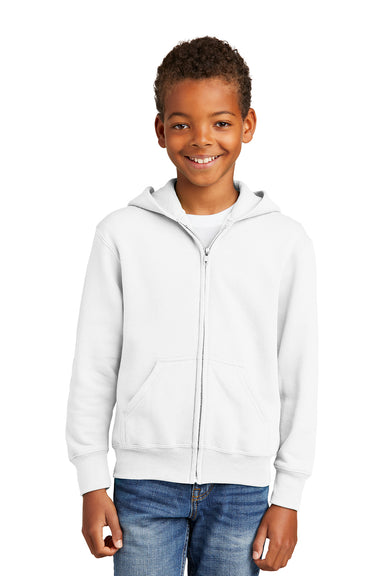 Port & Company PC90YZH Youth Core Pill Resistant Fleece Full Zip Hooded Sweatshirt Hoodie White Model Front