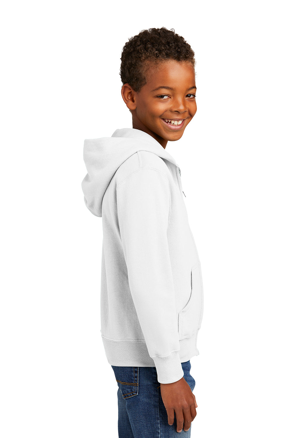 Port & Company PC90YZH Youth Core Pill Resistant Fleece Full Zip Hooded Sweatshirt Hoodie White Model Side