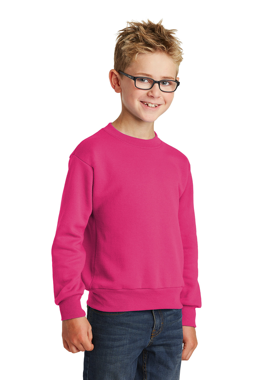 Port & Company PC90Y Youth Core Pill Resistant Fleece Crewneck Sweatshirt Sangria Pink Model 3q