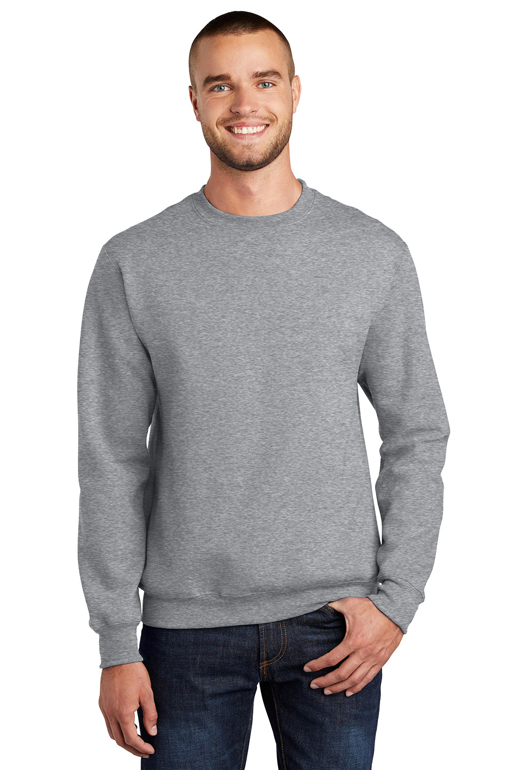 Port & Company PC90/PC90T Mens Essential Pill Resistant Fleece Crewneck Sweatshirt Heather Grey Model Front