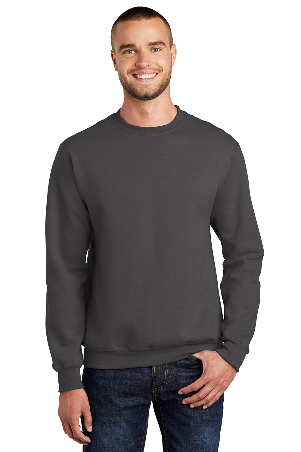 Port & Company PC90/PC90T Mens Essential Pill Resistant Fleece Crewneck Sweatshirt Charcoal Grey Model Front