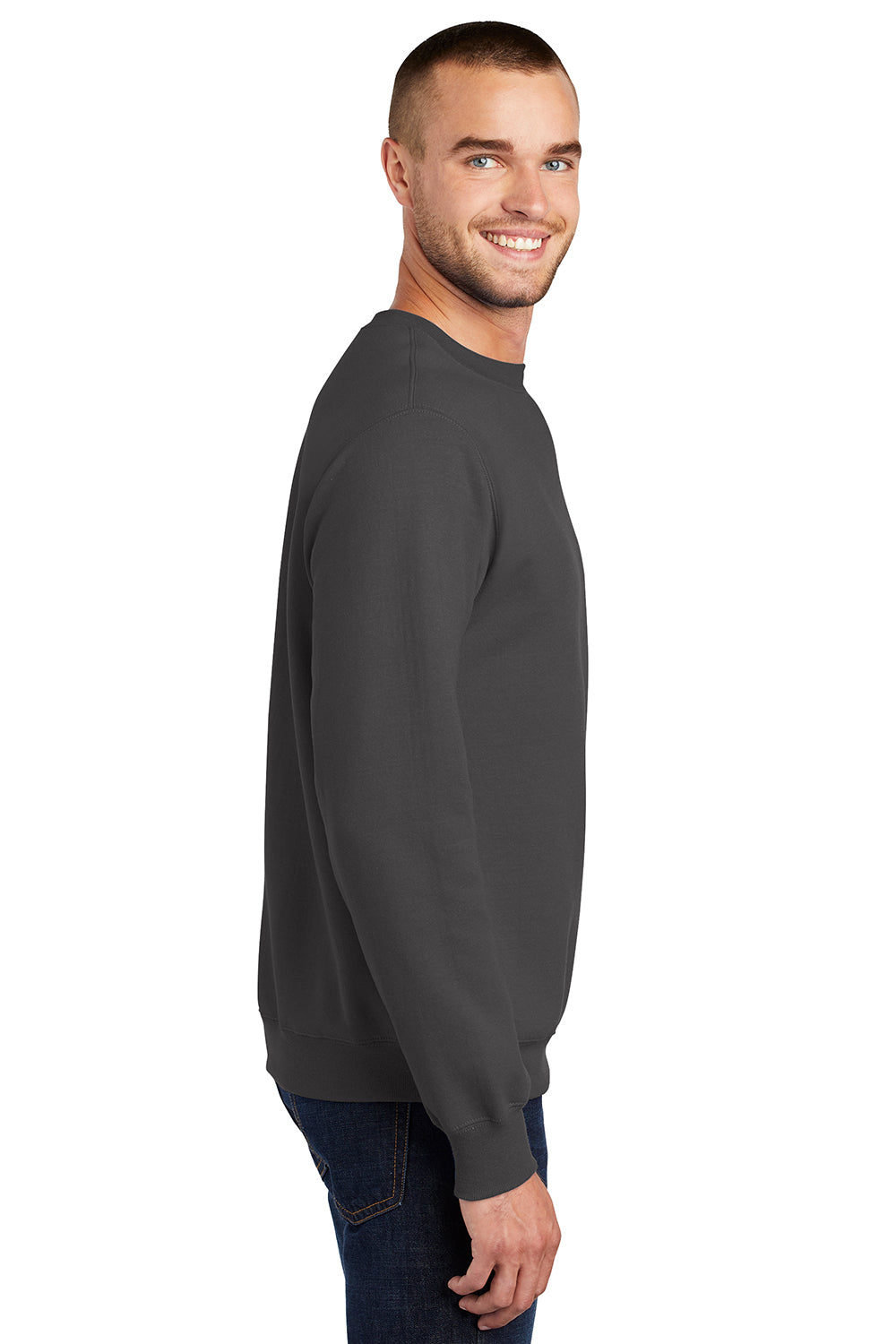 Port & Company PC90/PC90T Mens Essential Pill Resistant Fleece Crewneck Sweatshirt Charcoal Grey Model Side