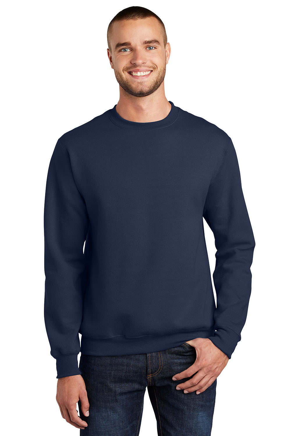 Port & Company PC90/PC90T Mens Essential Pill Resistant Fleece Crewneck Sweatshirt Navy Blue Model Front