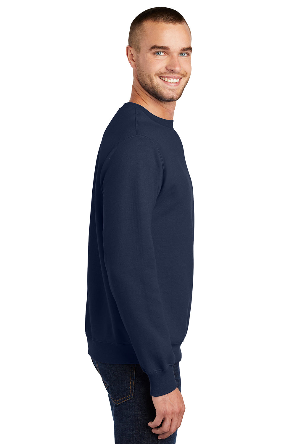 Port & Company PC90/PC90T Mens Essential Pill Resistant Fleece Crewneck Sweatshirt Navy Blue Model Side