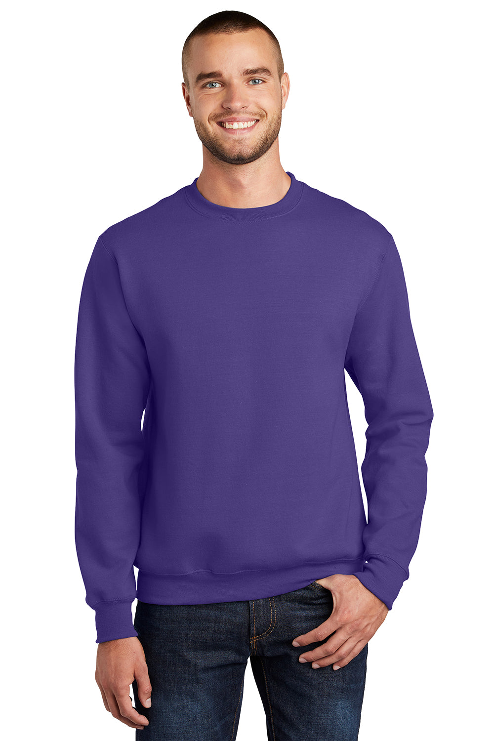 Port & Company PC90/PC90T Mens Essential Pill Resistant Fleece Crewneck Sweatshirt Purple Model Front