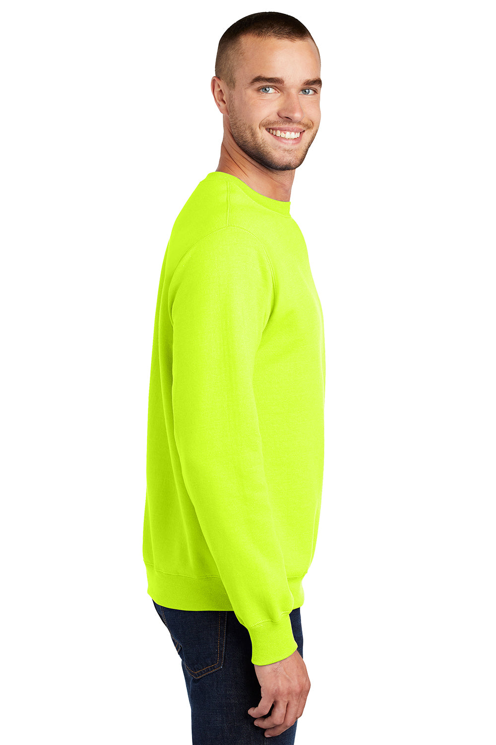 Port & Company PC90/PC90T Mens Essential Pill Resistant Fleece Crewneck Sweatshirt Safety Green Model Side