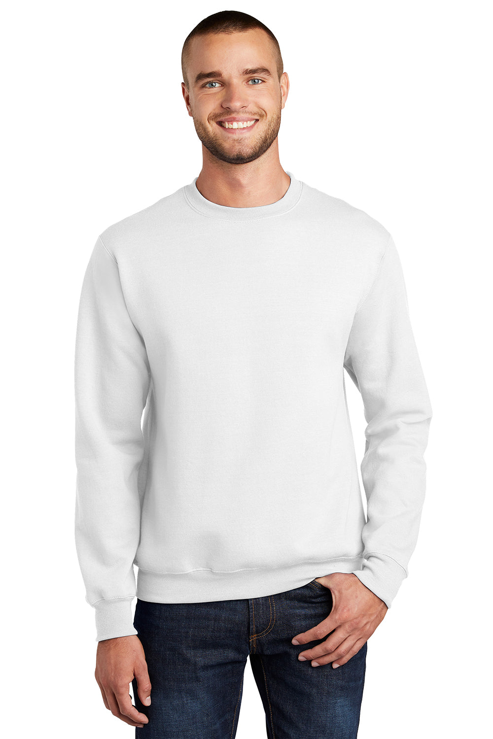 Port & Company PC90/PC90T Mens Essential Pill Resistant Fleece Crewneck Sweatshirt White Model Front