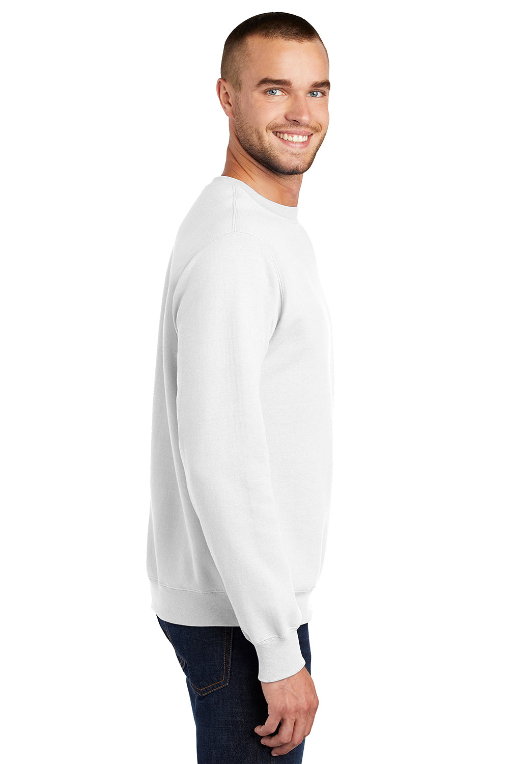 Port & Company PC90/PC90T Mens Essential Pill Resistant Fleece Crewneck Sweatshirt White Model Side