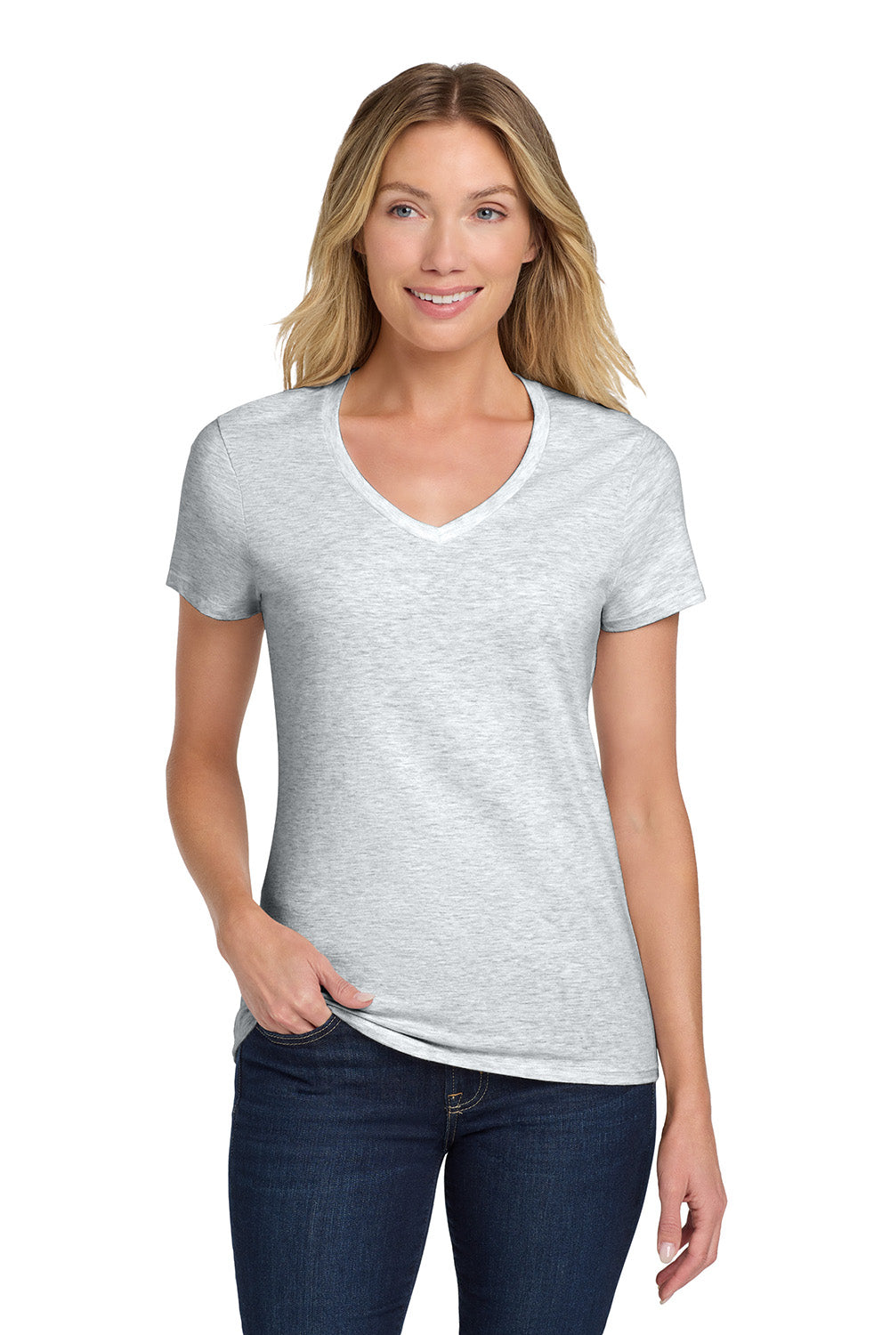 Hanes S04V Womens Nano-T Short Sleeve V-Neck T-Shirt Ash Grey Model Front