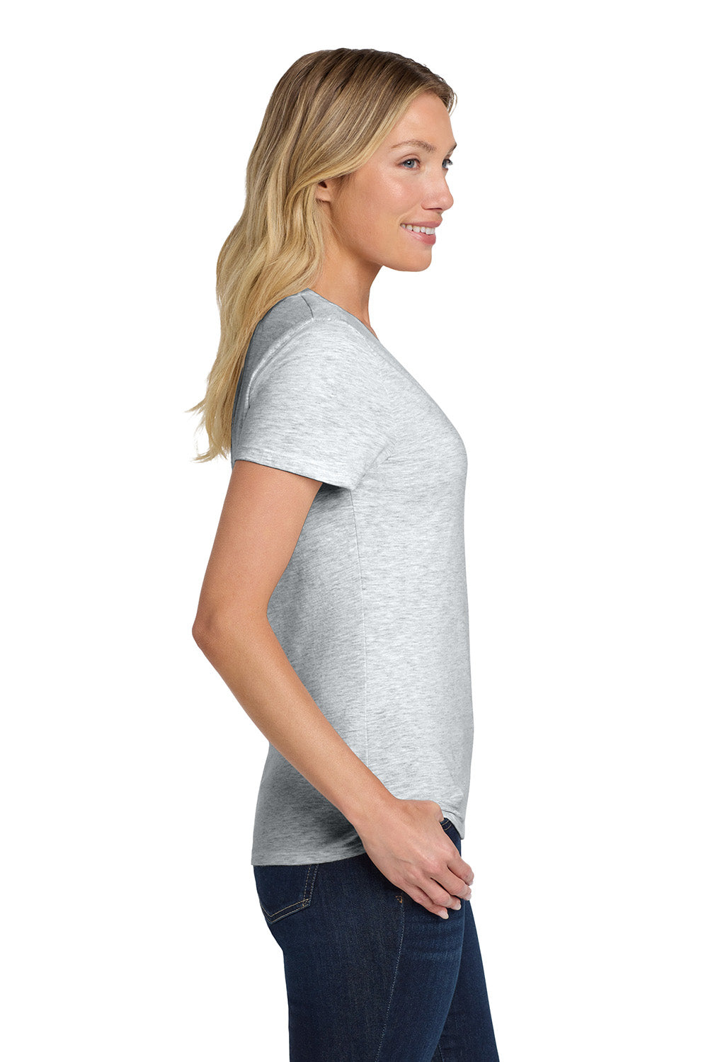 Hanes S04V Womens Nano-T Short Sleeve V-Neck T-Shirt Ash Grey Model Side