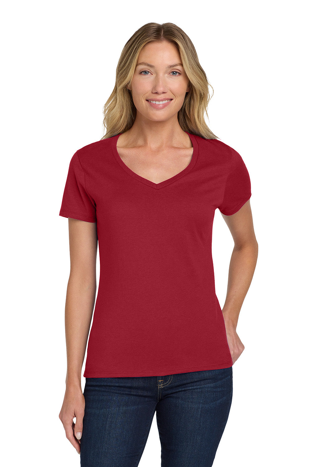 Hanes S04V Womens Nano-T Short Sleeve V-Neck T-Shirt Deep Red Model Front