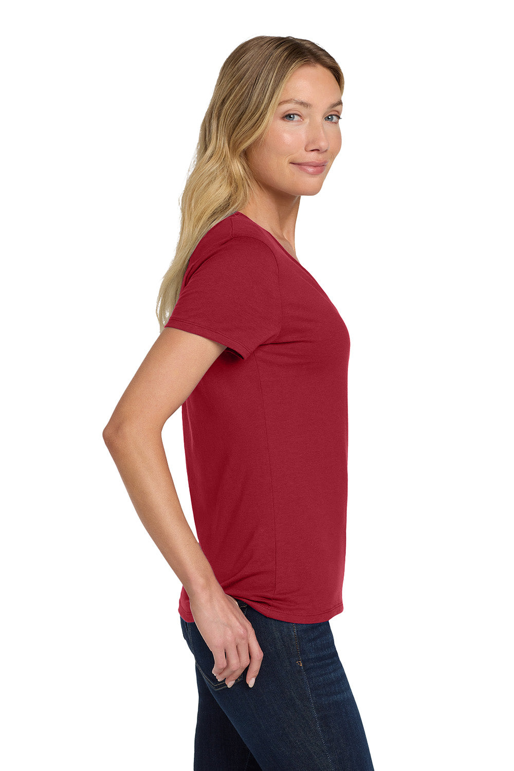 Hanes S04V Womens Nano-T Short Sleeve V-Neck T-Shirt Deep Red Model Side