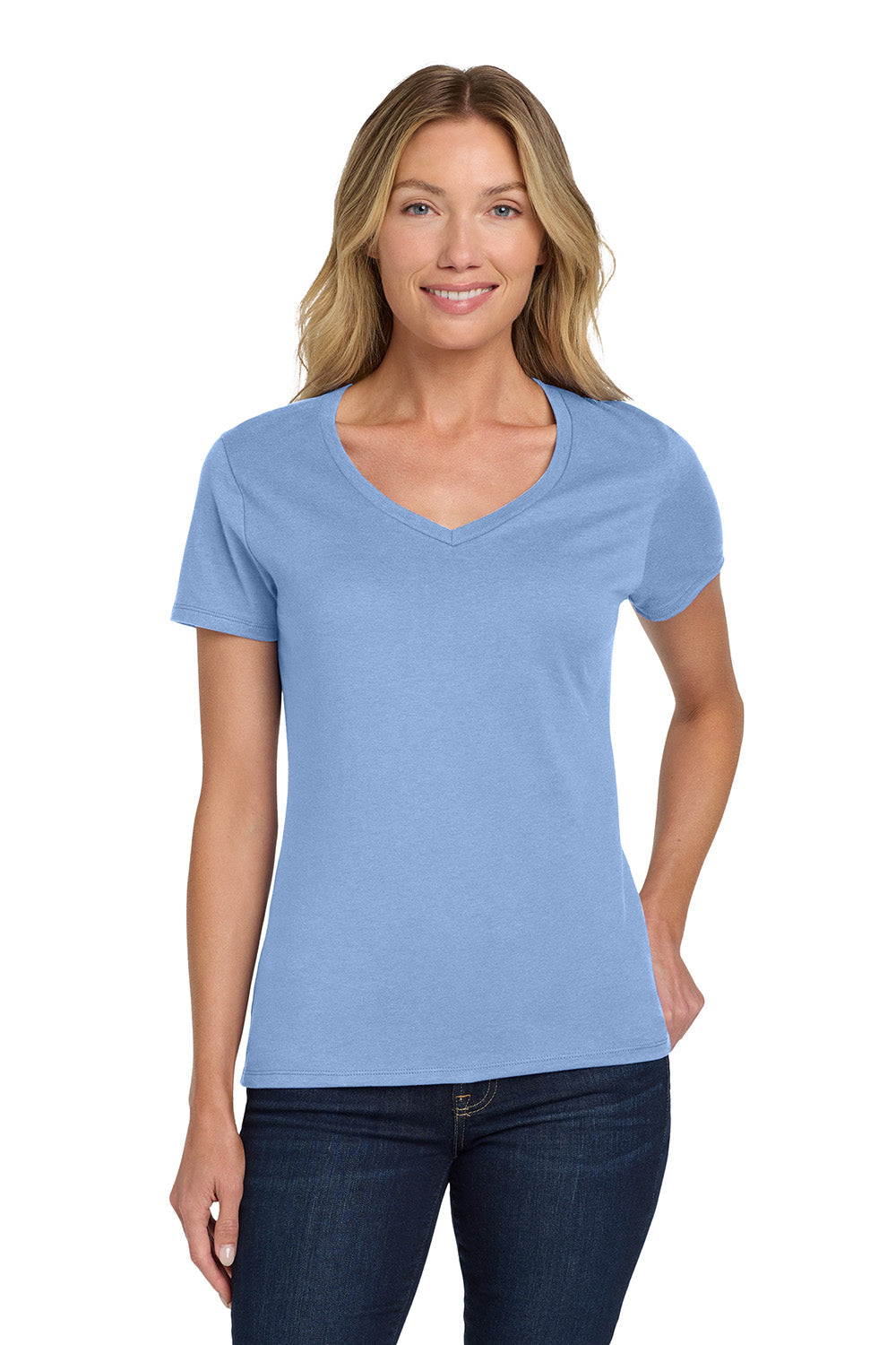 Hanes S04V Womens Nano-T Short Sleeve V-Neck T-Shirt Light Blue Model Front