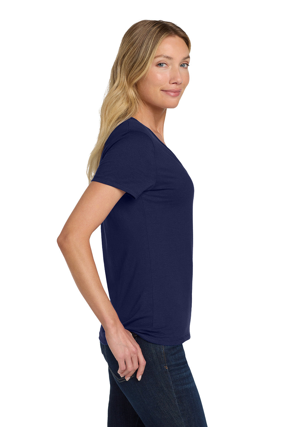 Hanes S04V Womens Nano-T Short Sleeve V-Neck T-Shirt Navy Blue Model Side