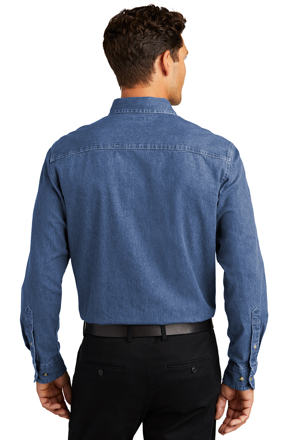 Port Authority S100 Mens Denim Long Sleeve Button Down Shirt w/ Pocket Dark Blue Model Back