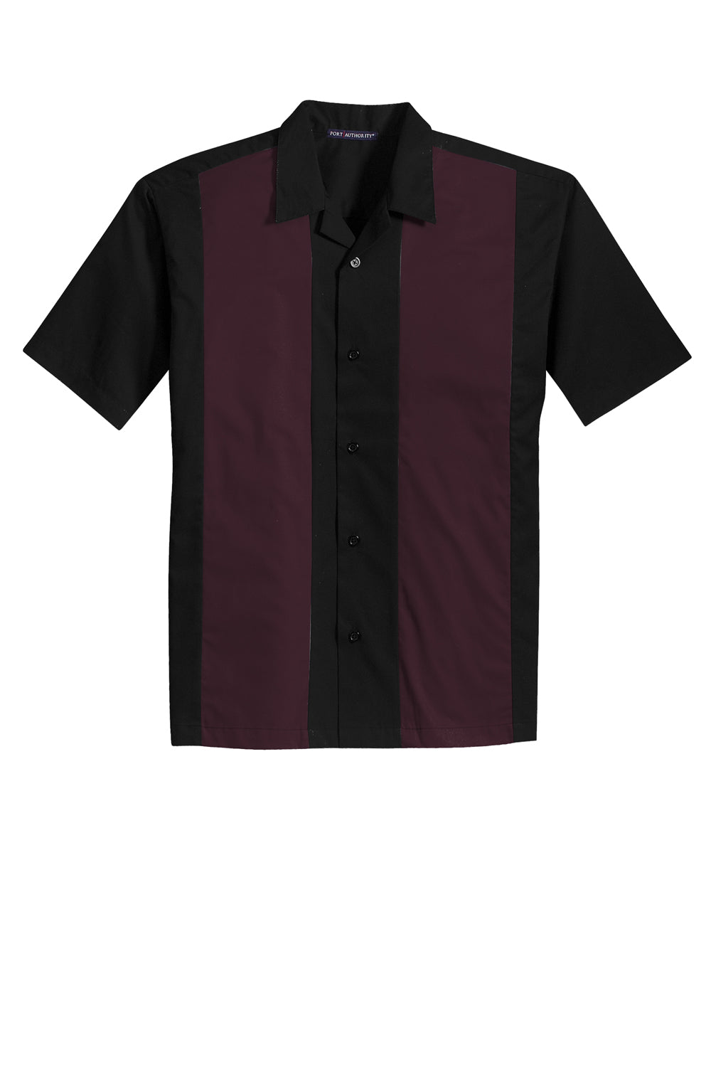 Port Authority S300 Mens Retro Easy Care Wrinkle Resistant Short Sleeve Button Down Camp Shirt Black/Burgundy Flat Front