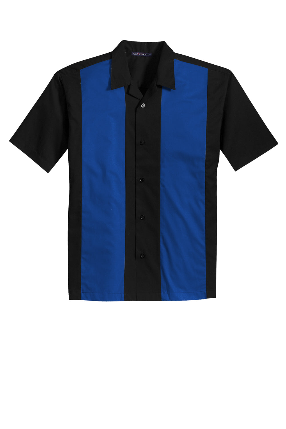 Port Authority S300 Mens Retro Easy Care Wrinkle Resistant Short Sleeve Button Down Camp Shirt Black/Royal Blue Flat Front