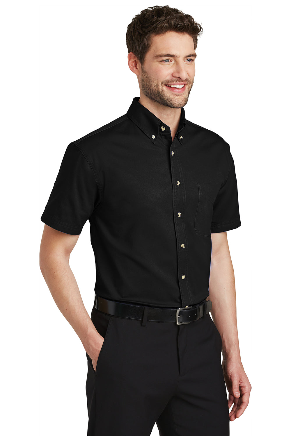 Port Authority S500T Mens Short Sleeve Button Down Shirt w/ Pocket Black Model 3q