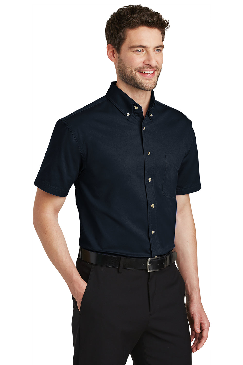 Port Authority S500T Mens Short Sleeve Button Down Shirt w/ Pocket Classic Navy Blue Model 3q