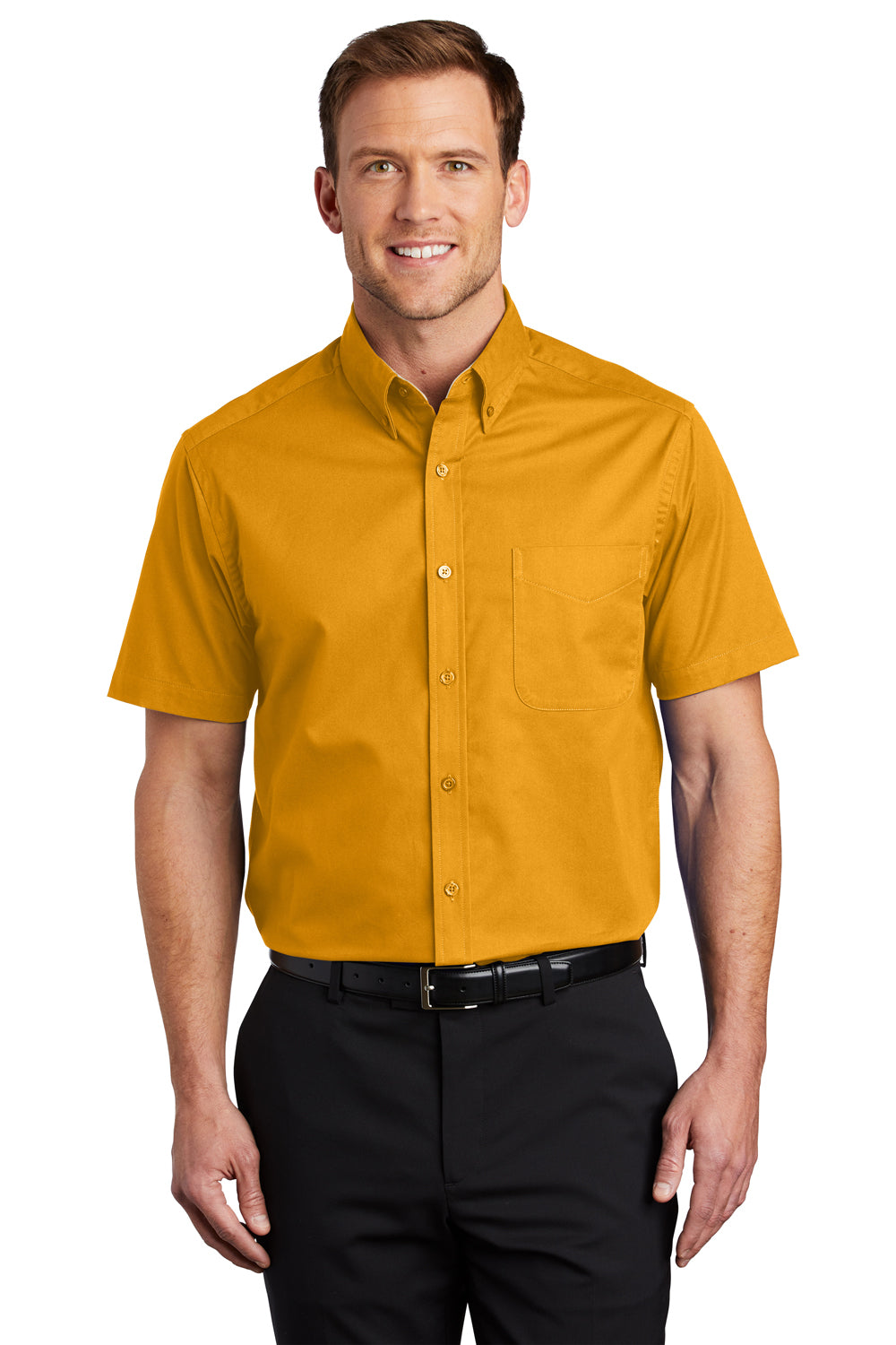 Port Authority S508/TLS508 Mens Easy Care Wrinkle Resistant Short Sleeve Button Down Shirt w/ Pocket Athletic Gold Model Front