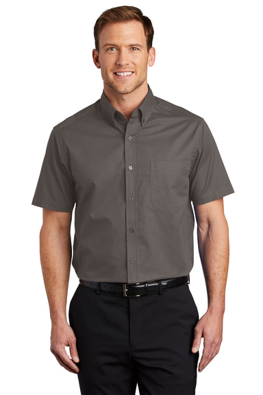 Port Authority S508/TLS508 Mens Easy Care Wrinkle Resistant Short Sleeve Button Down Shirt w/ Pocket Bark Brown Model Front