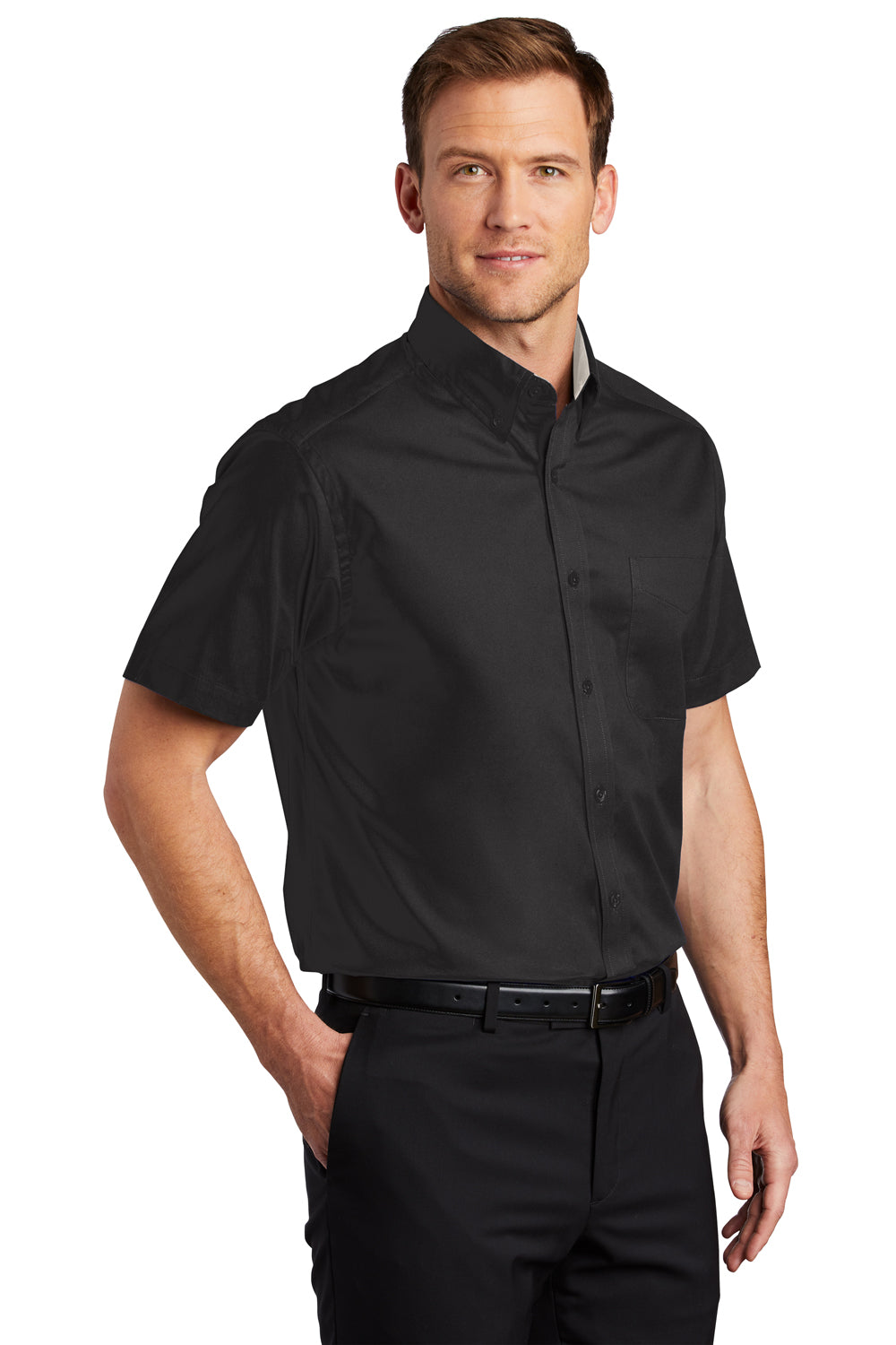 Port Authority S508/TLS508 Mens Easy Care Wrinkle Resistant Short Sleeve Button Down Shirt w/ Pocket Black Model 3q