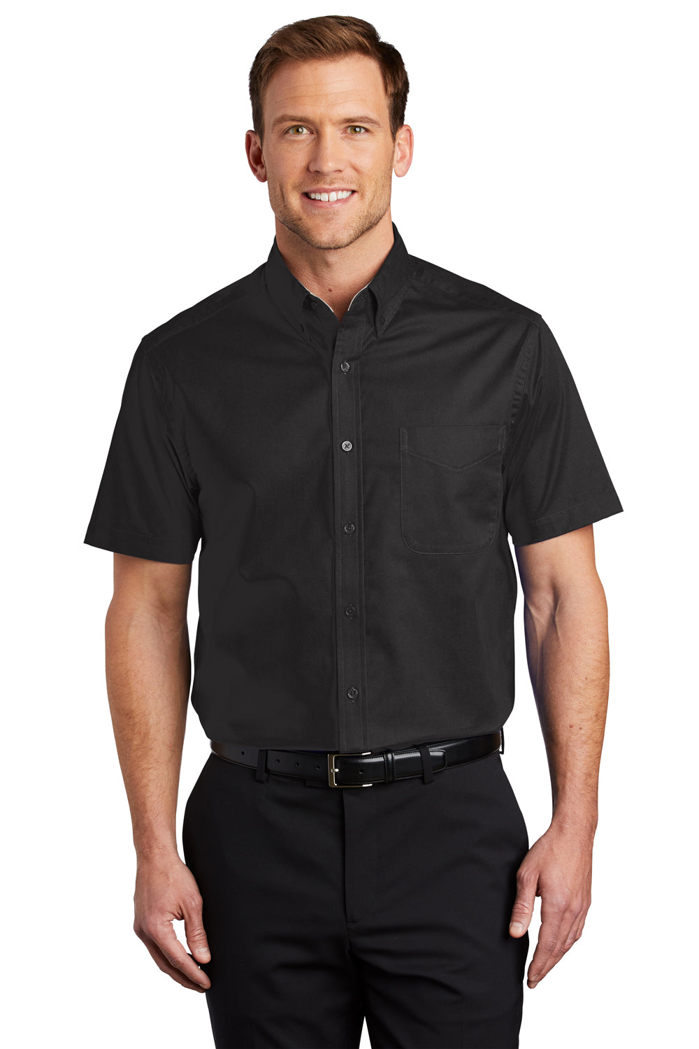 Port Authority S508/TLS508 Mens Easy Care Wrinkle Resistant Short Sleeve Button Down Shirt w/ Pocket Black Model Front