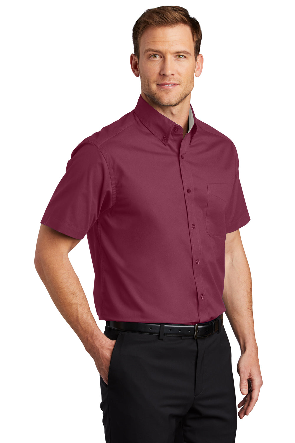 Port Authority S508/TLS508 Mens Easy Care Wrinkle Resistant Short Sleeve Button Down Shirt w/ Pocket Burgundy Model 3q