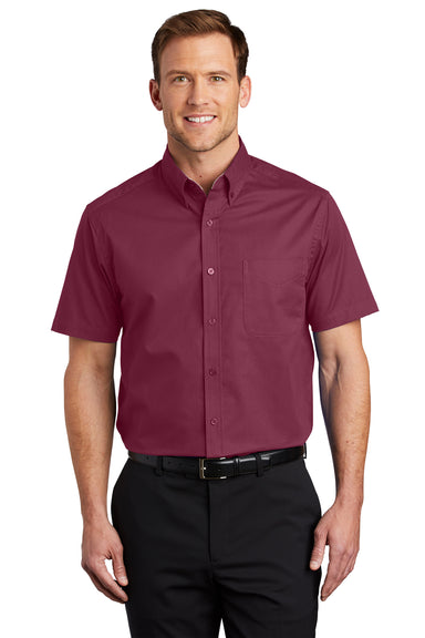 Port Authority S508/TLS508 Mens Easy Care Wrinkle Resistant Short Sleeve Button Down Shirt w/ Pocket Burgundy Model Front