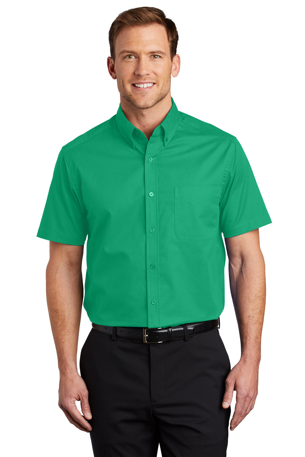 Port Authority S508/TLS508 Mens Easy Care Wrinkle Resistant Short Sleeve Button Down Shirt w/ Pocket Court Green Model Front