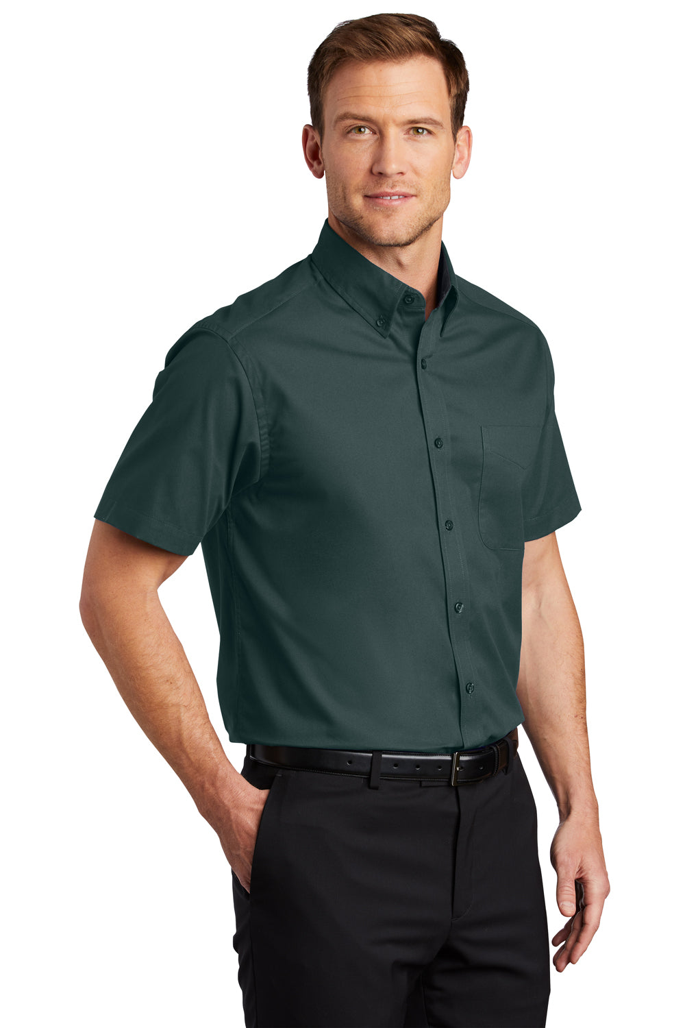 Port Authority S508/TLS508 Mens Easy Care Wrinkle Resistant Short Sleeve Button Down Shirt w/ Pocket Dark Green Model 3q