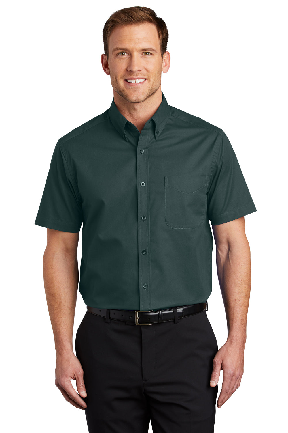 Port Authority S508/TLS508 Mens Easy Care Wrinkle Resistant Short Sleeve Button Down Shirt w/ Pocket Dark Green Model Front