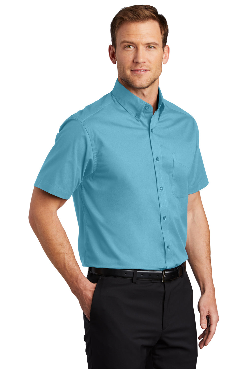 Port Authority S508/TLS508 Mens Easy Care Wrinkle Resistant Short Sleeve Button Down Shirt w/ Pocket Maui Blue Model 3q