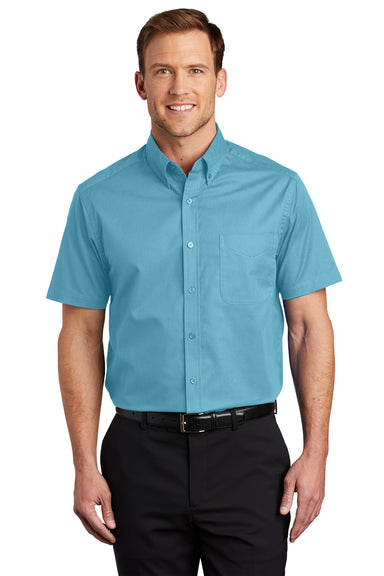 Port Authority S508/TLS508 Mens Easy Care Wrinkle Resistant Short Sleeve Button Down Shirt w/ Pocket Maui Blue Model Front